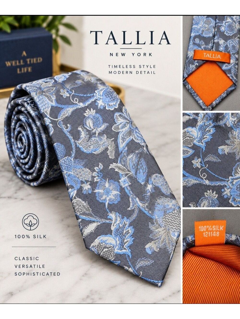 Tallia Men’s 100% Silk Tie Blue Gray Floral Paisley Woven Necktie